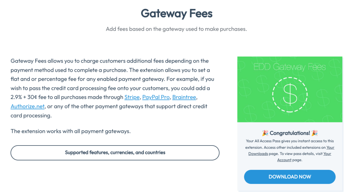 The EDD Gateway Fees extension download page. 