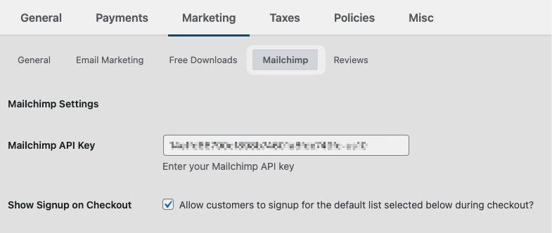 edd-email-marketing-mailchimp-settings – Easy Digital Downloads Mailchimp settings under Easy Digital Downloads Marketing tab i WordPress.