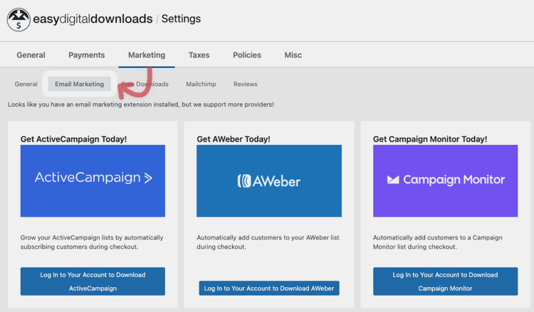 edd-marketing-email-menu – Easy Digital Downloads Email marketing options in Easy Digital Downlaods WordPress plugin.