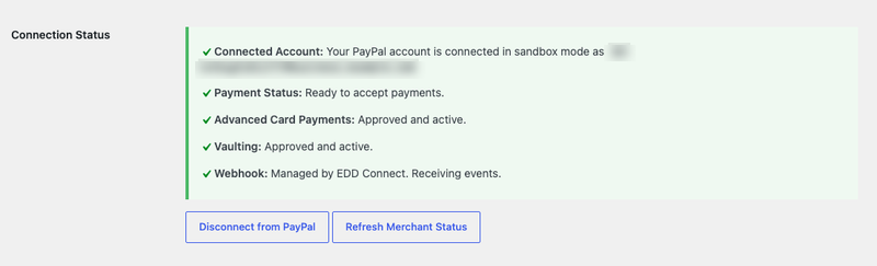 Starea conexiunii EDD PayPal arătând o conexiune sănătoasă.