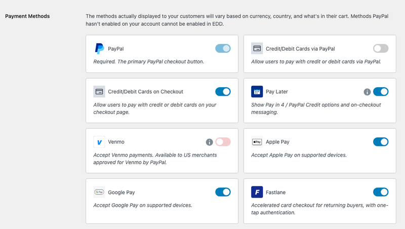 Setările metodelor de plată EDD PayPal cu opțiunile disponibile listate.