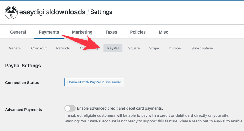 edd-settings-payments-paypal-tab – Easy Digital Downloads The PayPal payment gateway settings in Easy Digital Downloads.