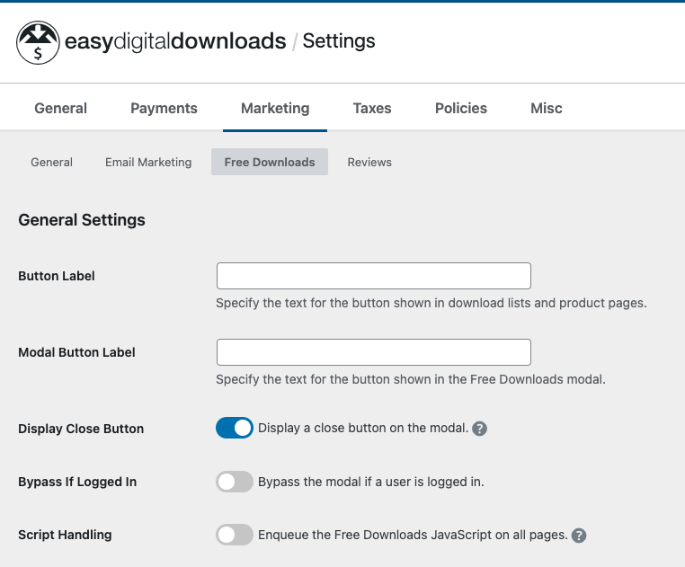 free-digital-download-wordpress-settings-edd – Easy Digital Downloads The EDD settings for offering free digital downloads in WordPress.