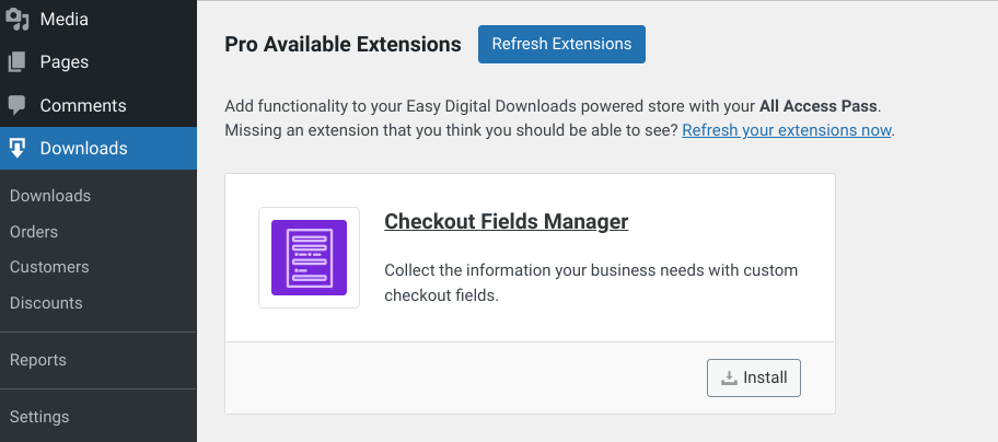 The option to install the Checkout Fields Manager EDD extension in WordPress. 