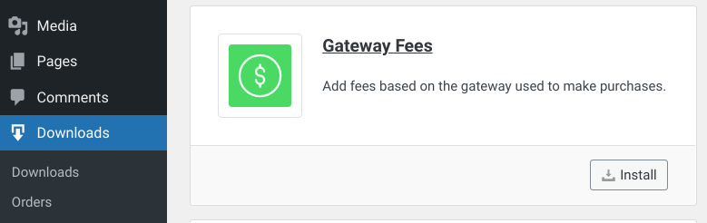 The option to install the EDD Gateway Fees extension in WordPress. 
