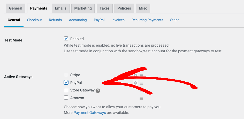 The PayPal option under the Easy Digital Downloads Active Gateways payment settings. 