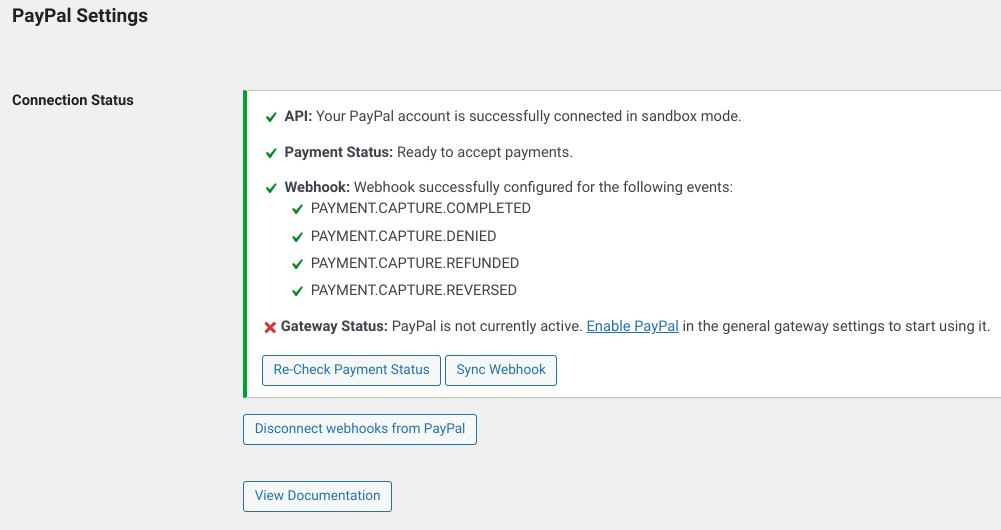 The PayPal Settings Connection Status screen in Easy Digital Downloads/WordPress.