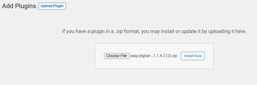 Uploading the Easy Digital Downloads Pro plugin in WordPress. 