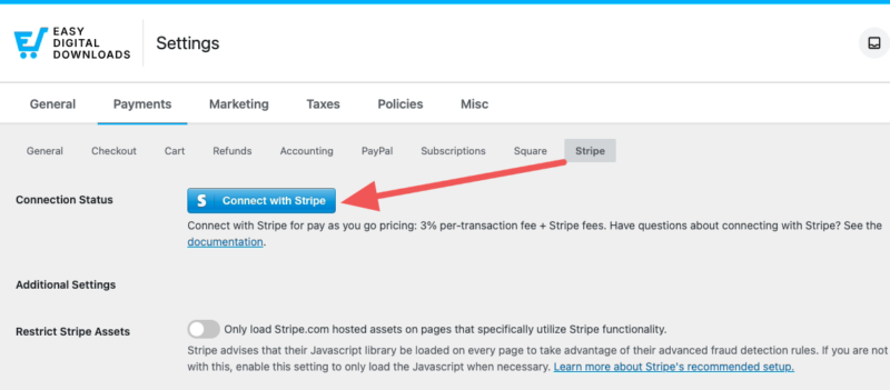 Pagina delle impostazioni che mostra lo stato della connessione Stripe con un pulsante blu 'Connetti con Stripe'.