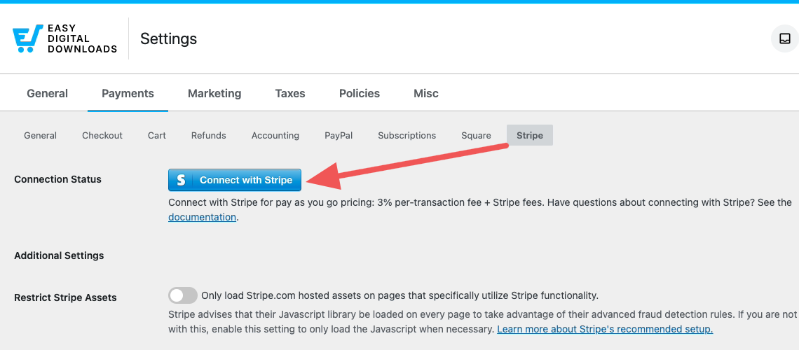 Verbinden mit Stripe-Verbindungsstatus-Einstellung in den EDD-Zahlungseinstellungen.