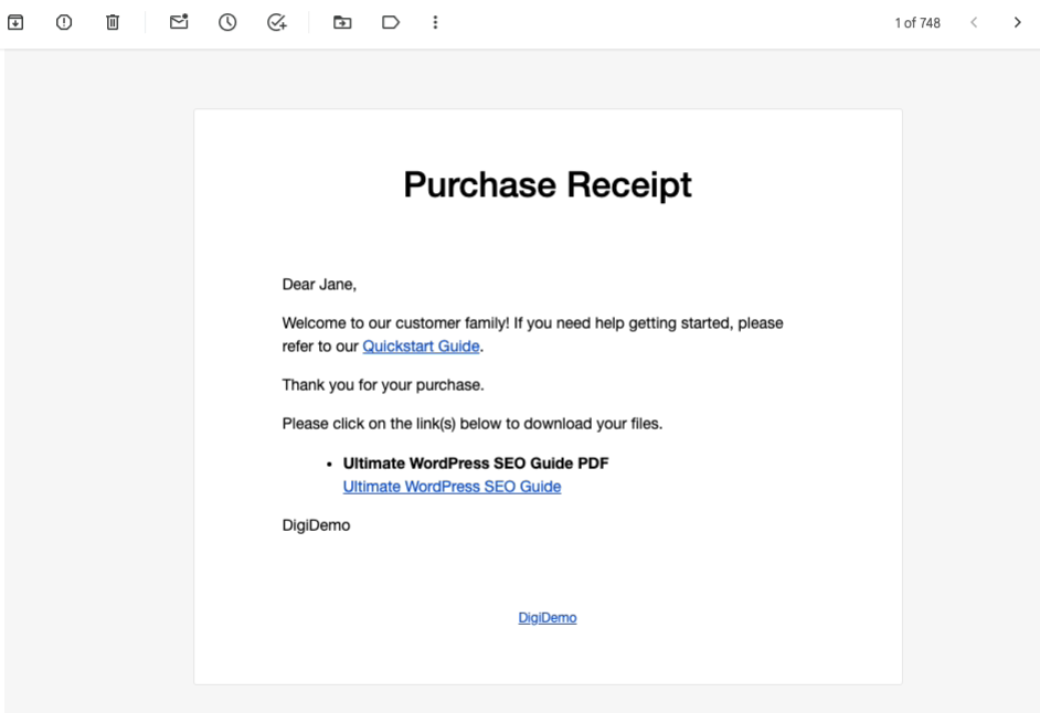 Kaufbeleg-E-Mail nach dem Verkauf eines digitalen Produkts mit EDD.