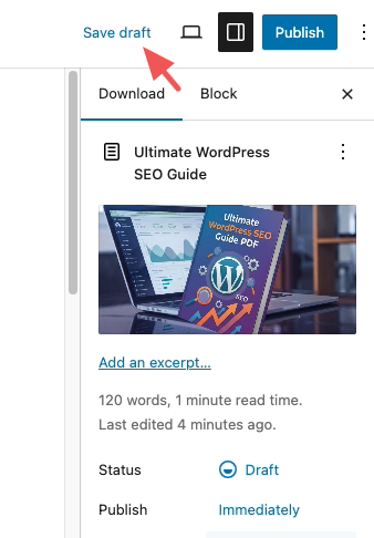 Die Option 'Entwurf speichern' in der WordPress-Editor-Produktseite.