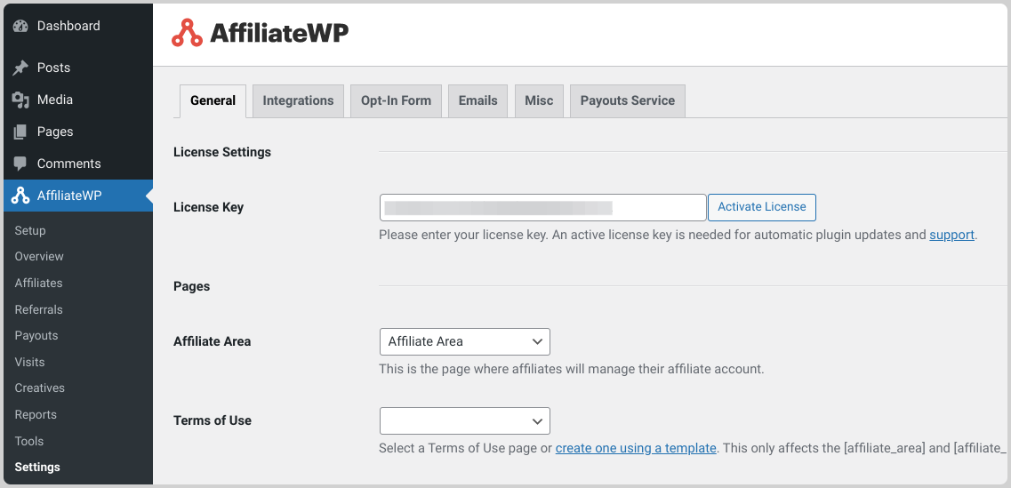 The AffiliateWP plugin general settings.