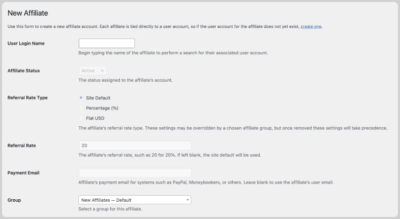 The New Affiliate settings in WordPress.