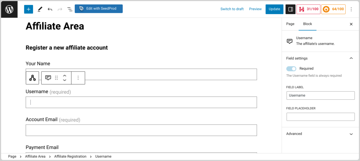 Customizing the affiliate area page in WordPress.