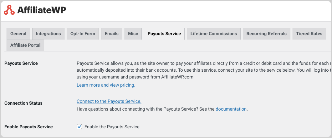 Configuring an affiliate prorgam with AffiliateWP payouts service.