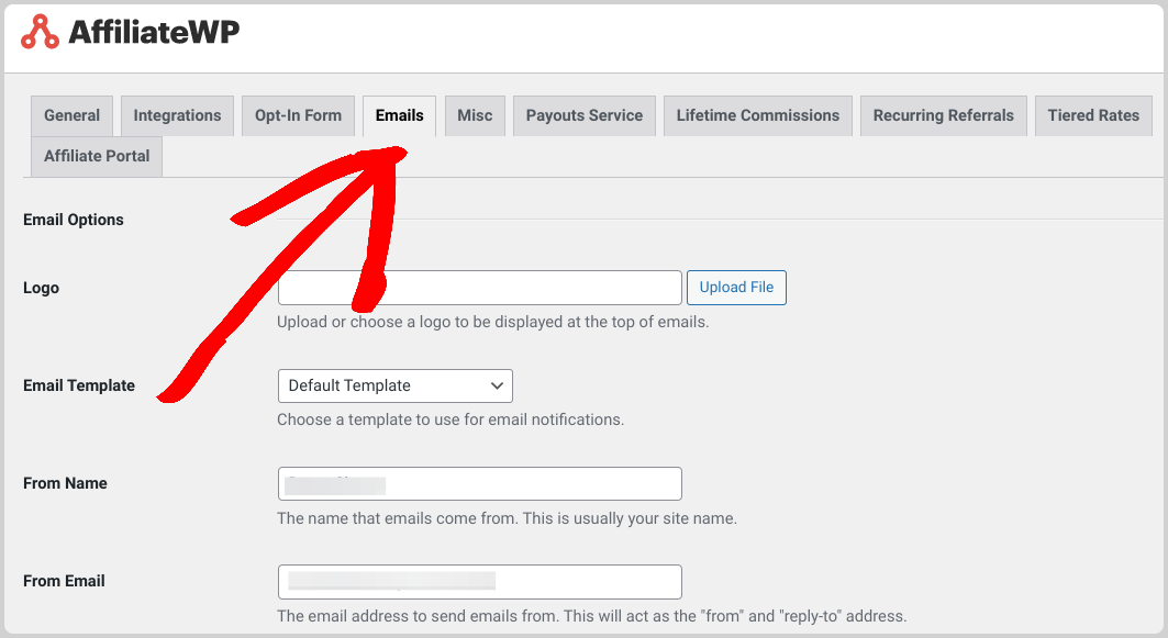 AffiliateWP email settings.