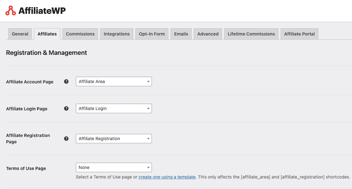 Screenshot – Easy Digital Downloads The Affiliate Area registration settings in WordPress.