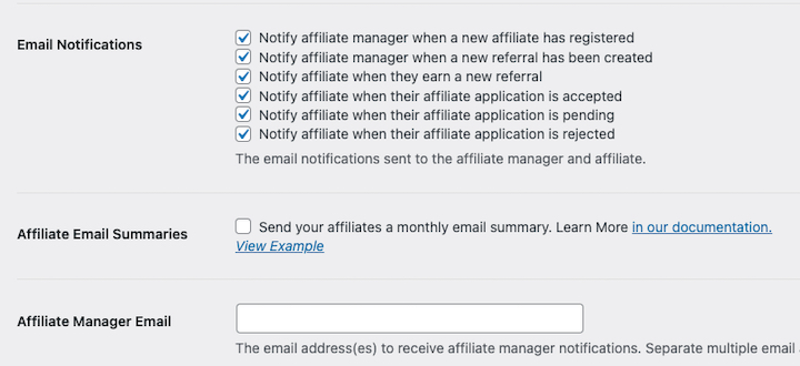 Screenshot – Easy Digital Downloads Email settings for affiliate program in WordPress.