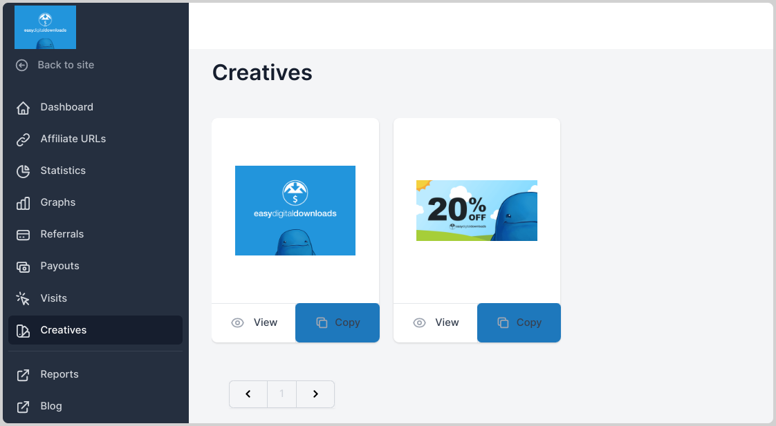 AffiliateWP Creatives dashboard.