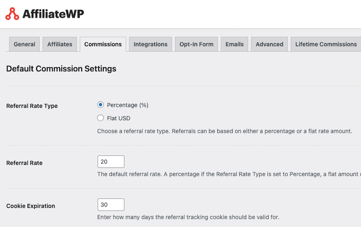 Screenshot – Easy Digital Downloads Configuring commission settings for affiliate program in WordPress.