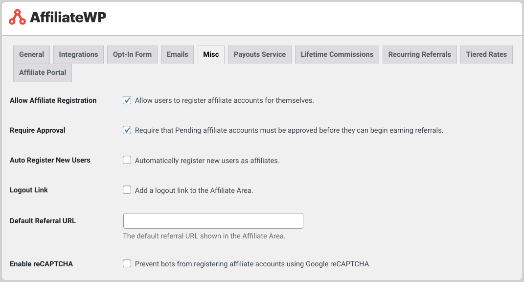 AffiliateWP Misc plugin settings.