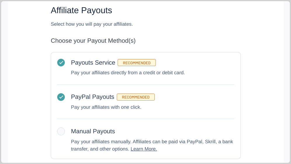 Affiliate Payouts setup wizard in WordPress.