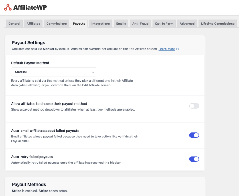 affiliatewp-payouts-tab-settings – Easy Digital Downloads Pestaña de Configuración de Pagos en los ajustes del plugin AffiliateWP.
