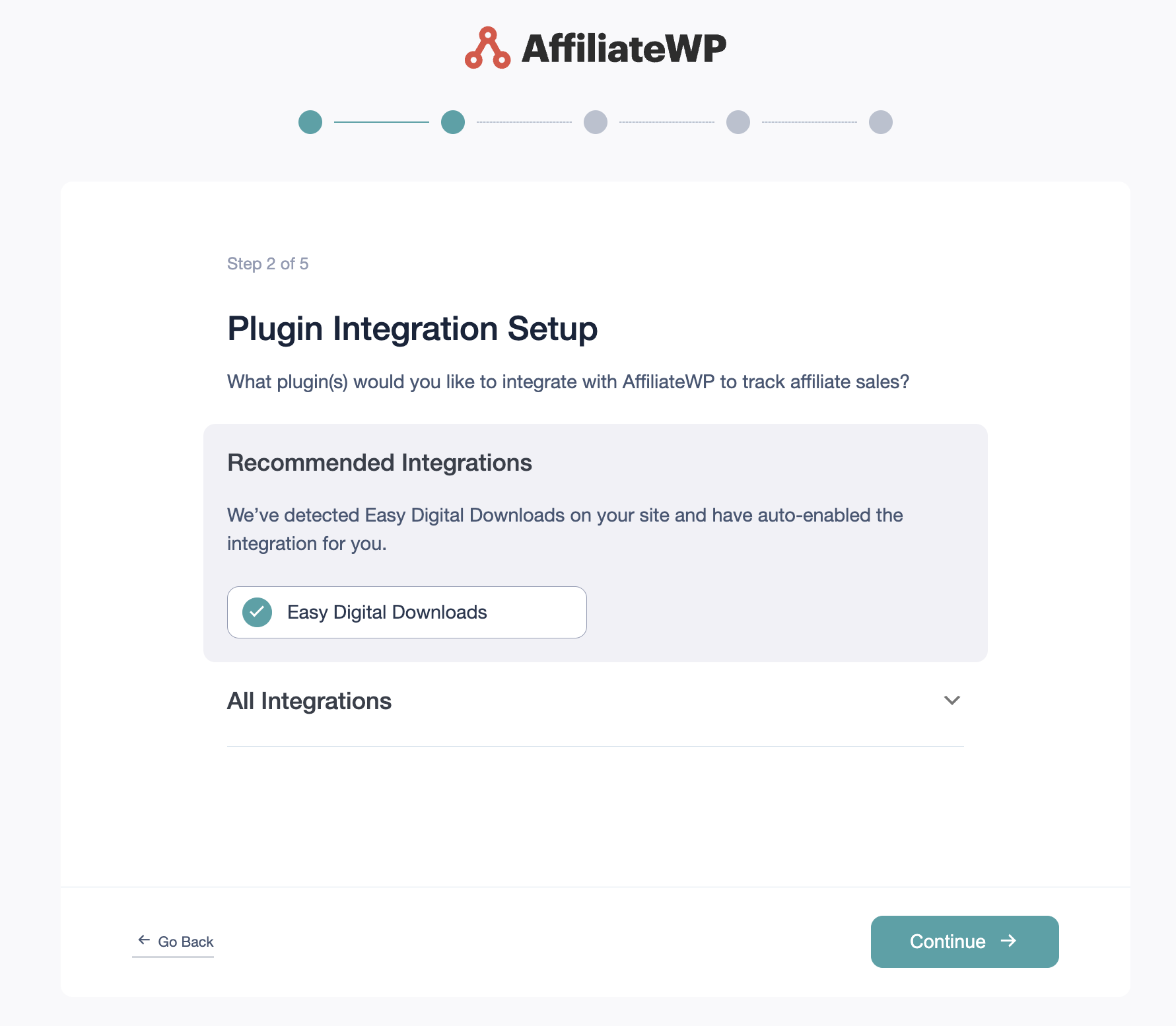 affiliatewp-plugin-intergration-edd-setup – Easy Digital Downloads El asistente de configuración de AffiliateWP para crear un programa de afiliados en WordPress.