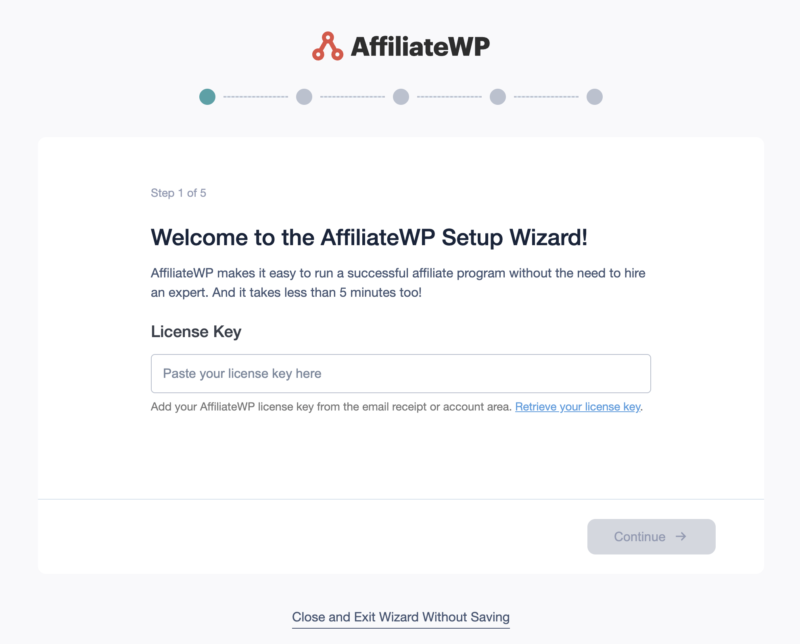 affiliatewp-setupwizard-license-key – Easy Digital Downloads Asistente de configuración de AffiliateWP para introducir la clave de licencia.