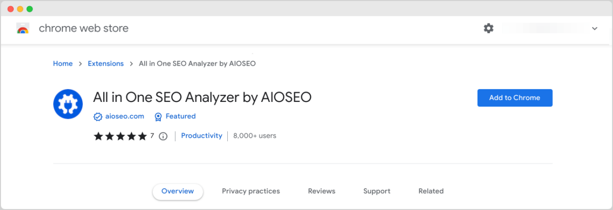 The All in One SEO Analyzer by AIOSEO Chrome extension installation page.