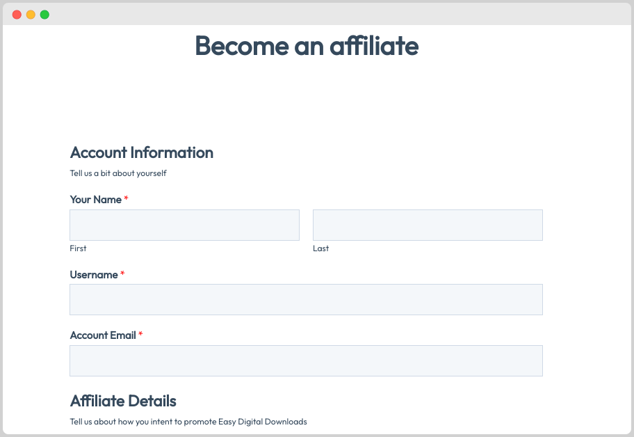 The Easy Digital Downloads registration form for their affiliate program.