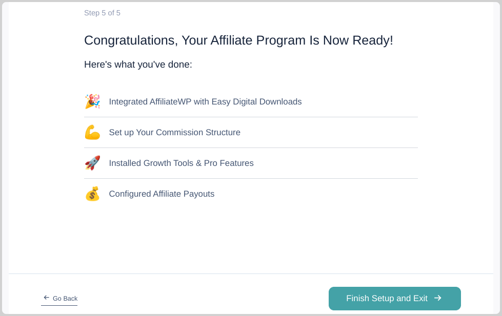 Success message confirming the set up of an affiliate  marketing program in WordPress. 