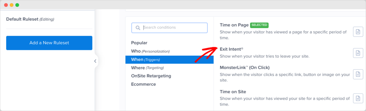 Configuring the display rules for an exit intent popup for WordPress. 