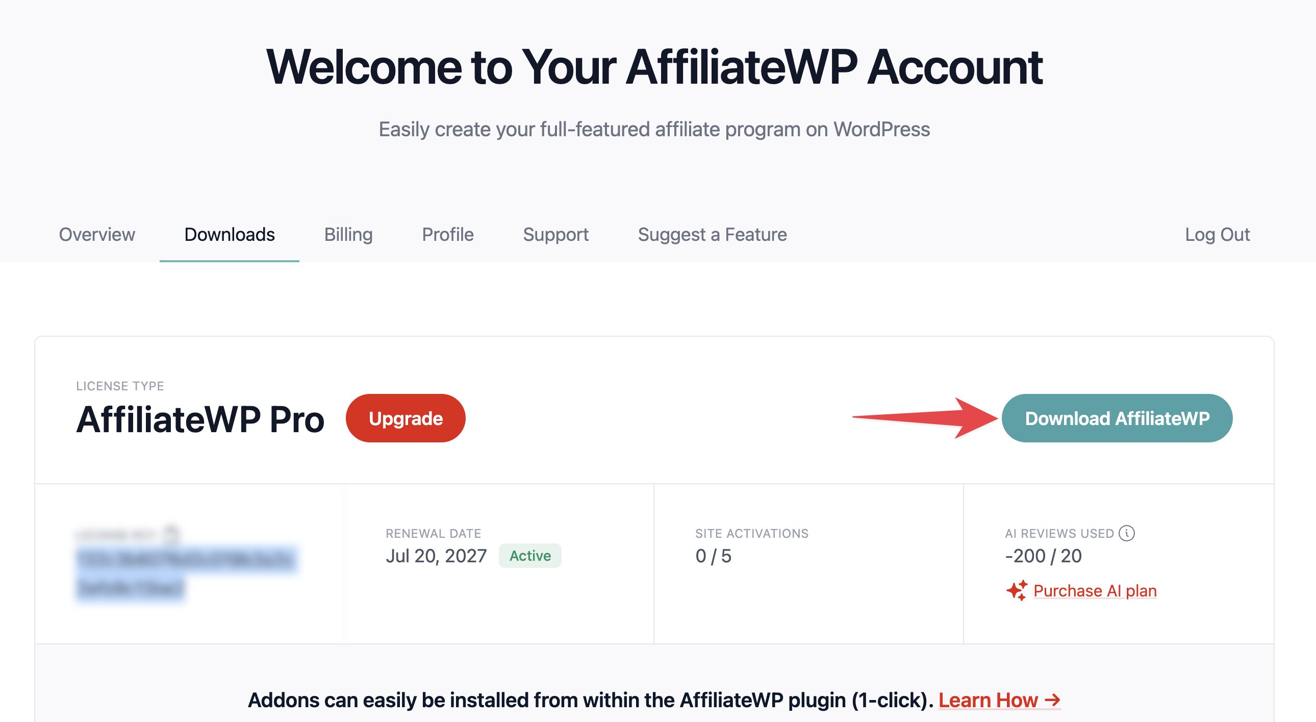 Captura de pantalla – Easy Digital Downloads La opción para descargar el plugin AffiliateWP desde el sitio web.