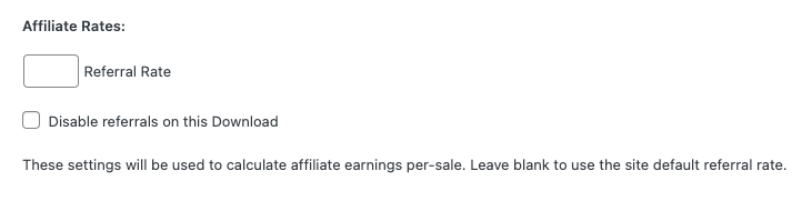 Screenshot – Easy Digital Downloads Settings for digital product affiliate rates using EDD and AffiliateWP integration for commissions.