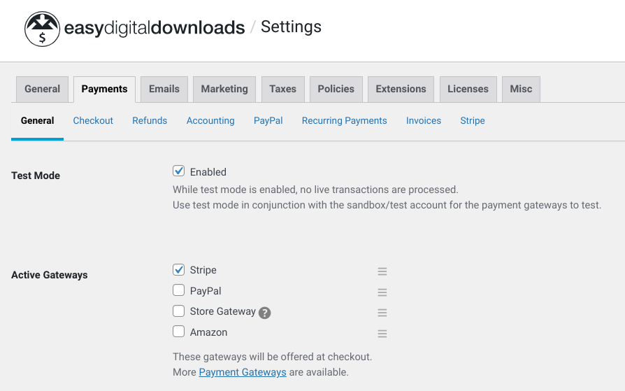 The Easy Digital Downloads Store payment settings.