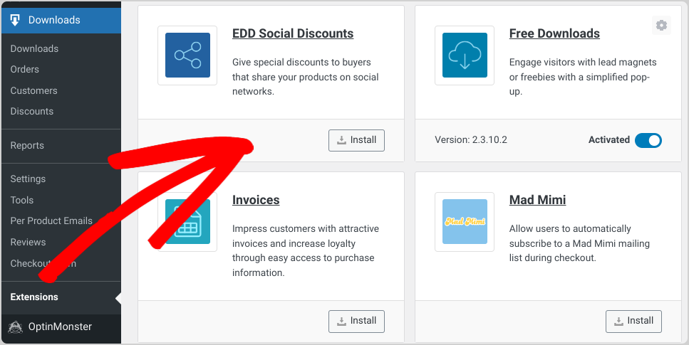 Installing the EDD Social Discounts extension in WordPress.