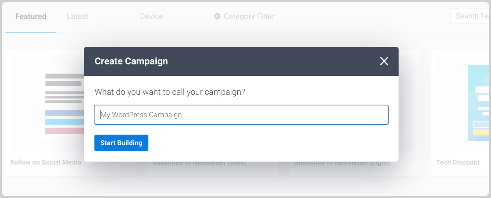 Creating a campaign to build an email subscription form template.