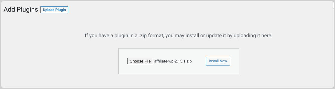 Uploading AffiliateWP plugin to WordPress.