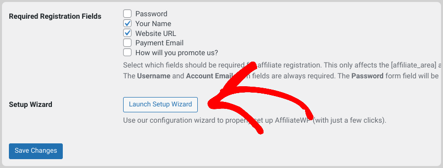 The AffiliateWP plugin Launch Setup Wizard button.