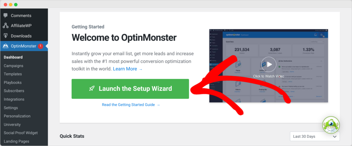The OptinMonster plugin setup wizard in WordPress.