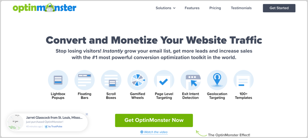 The OptinMonster website, one of the best exit intent popup plugins for WordPress.