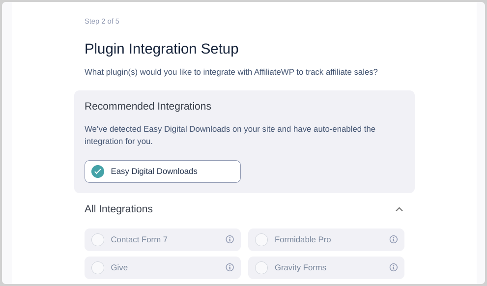 The AffiliateWP plugin integration setup.