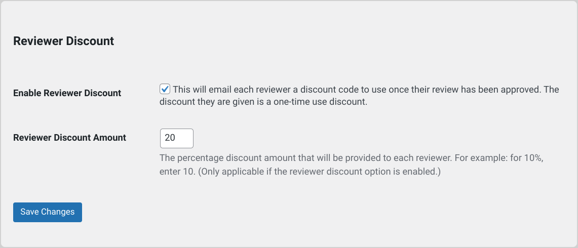 The Reviewer Discount settings in WordPress/Easy Digital Downloads. 
