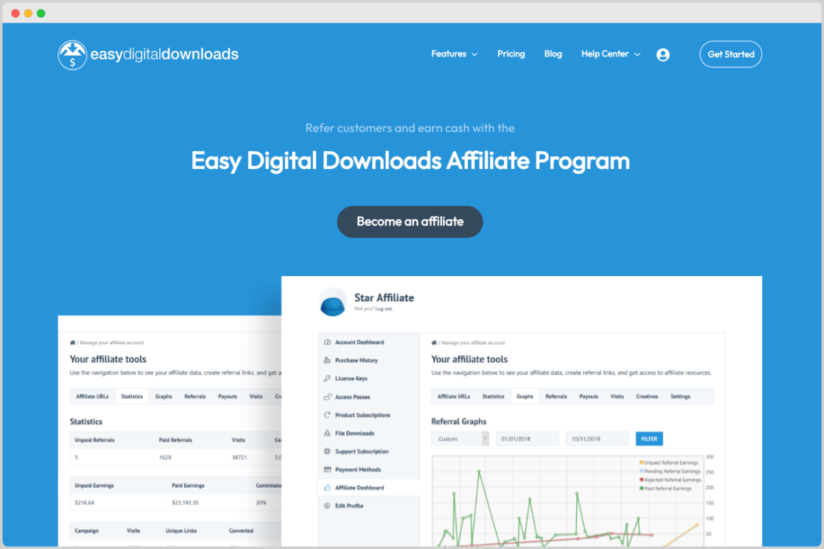 The Easy Digital Downloads affiliate program website page.