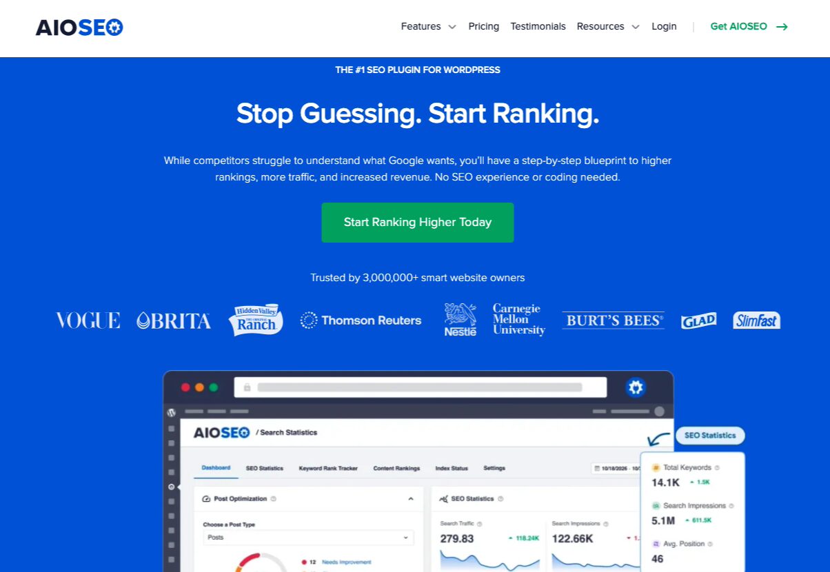 Die Homepage des AIOSEO WordPress-Plugins.