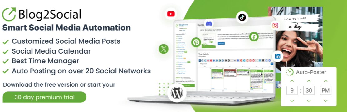Blog2Social-Banner, das intelligente Social-Media-Automatisierung mit Funktionen und einer 30-tägigen Premium-Testversion bewirbt.
