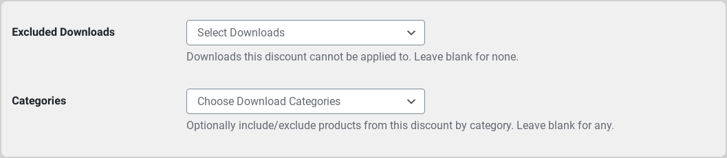 The settings to include/exclude products for a discount by category in EDD.