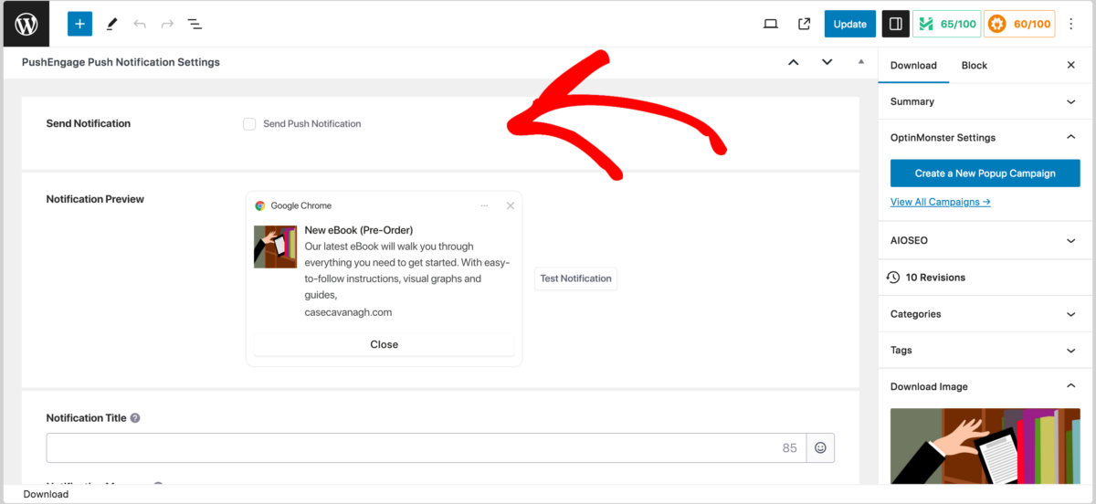 The PushEngage push notification settings in WordPress for a digital download product.
